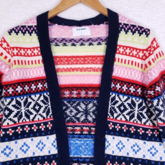 Old Navy Open Front Fair Isle Cardigan Sweater Small Longline Cozy Nordic Cabin - Picture 2 of 8